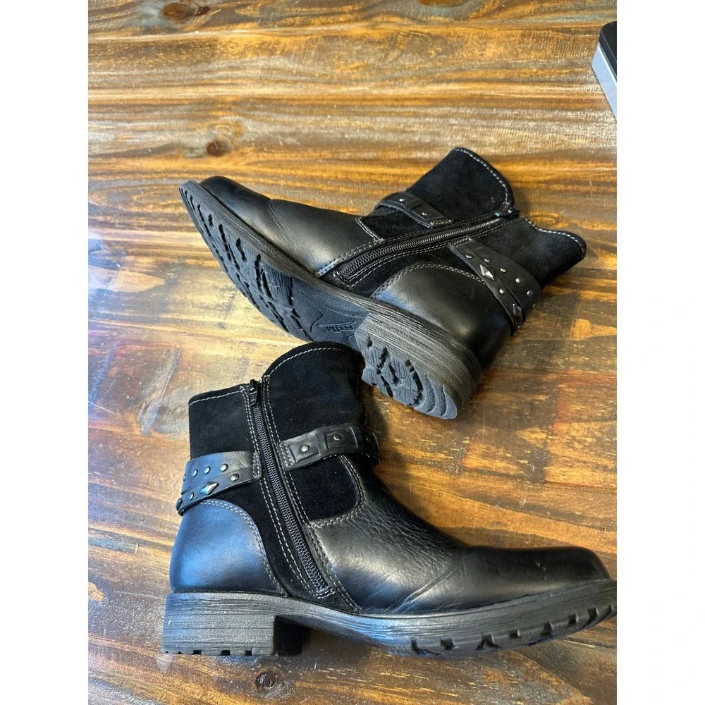 Earth Artistic‎ Onyx Black Leather Suede Studded Faux Fur Ankle Boots 8M